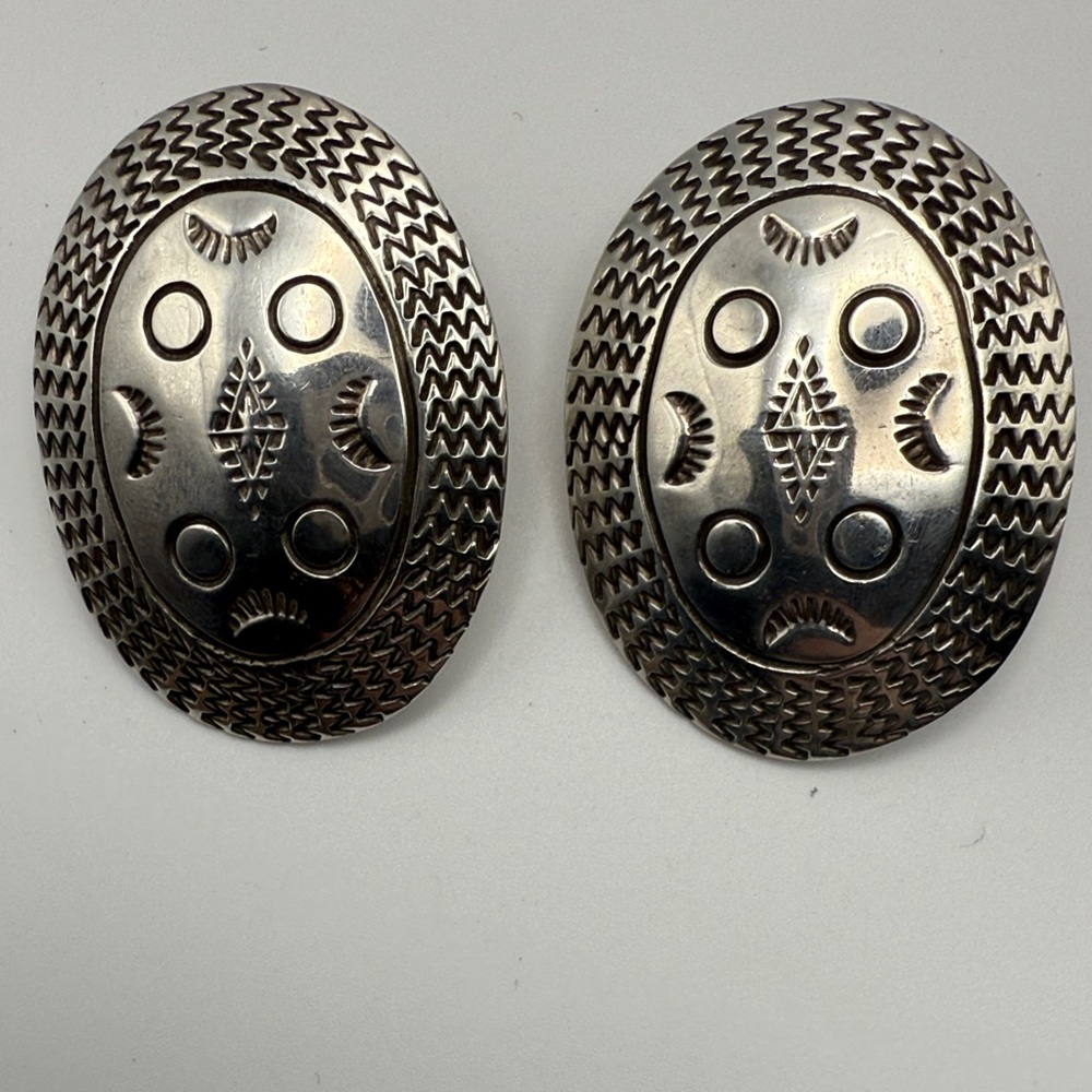 Vintage Mexico Signed 925 Sterling Silver Shield Concho Earrings - Very Heavy!